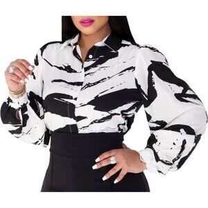 Women White Blouses Button Down Shirts Colorful Long Sleeve Floral Print Tops